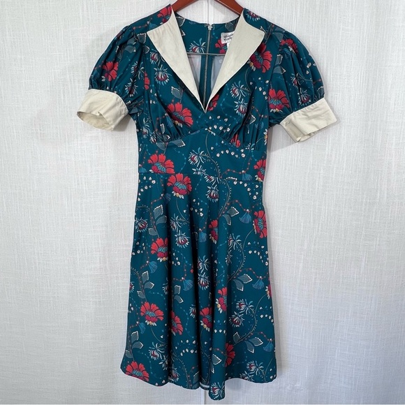 Unique Vintage Teal & Red Floral Chain Print Retro Swing Dress Size M - Picture 12 of 16